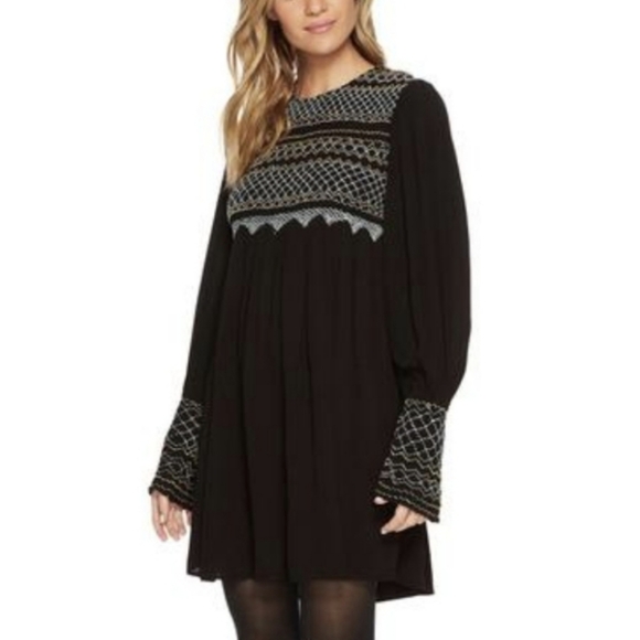 🆕 Free People Long Sleeve Black Dress. Smocked & Embroidery Detailed. NWT - Picture 6 of 15